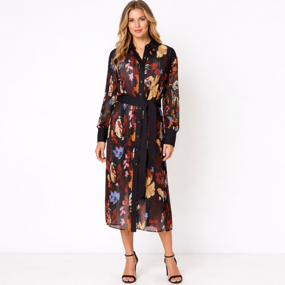 Women’s C/Med Collective Floral Pleated Shirt Dress Size L Belted Midi Black